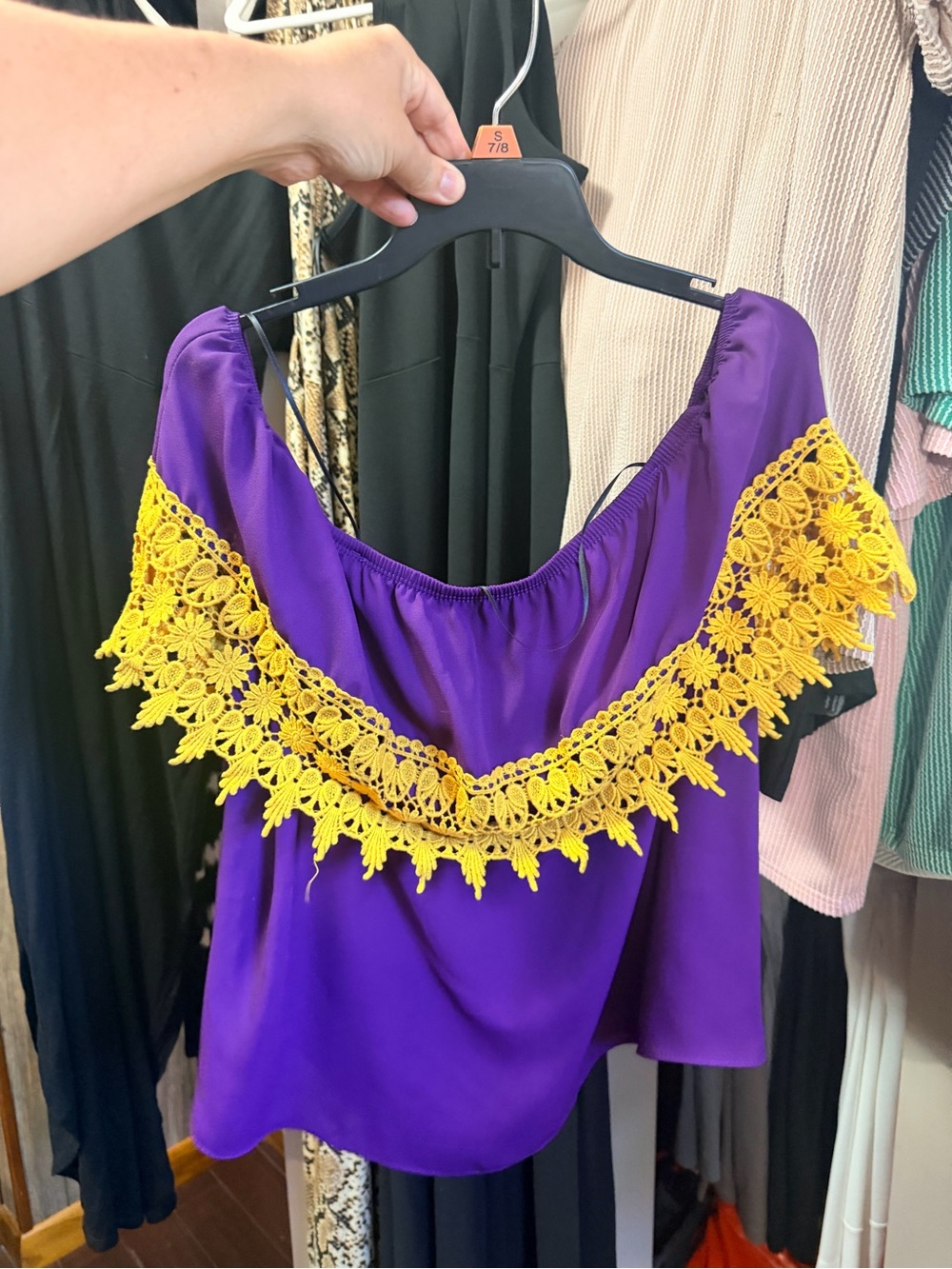 Purple and Gold off the shoulder floral crochet lace boutique top